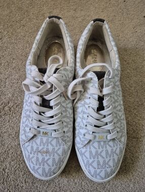 Michael Kors White & Beige MK Monogram Lace-Up Sneakers